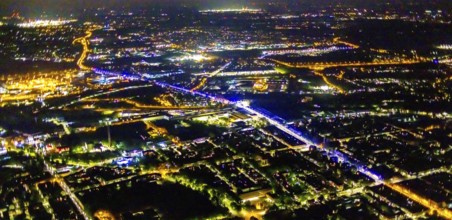 Aerial view, illumination in Schalke blue, Schalke 04, Kurt-Schumacher Straße with thyssenkrupp