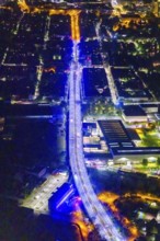 Aerial view, illumination in Schalke blue, Schalke 04, Kurt-Schumacher Straße with thyssenkrupp