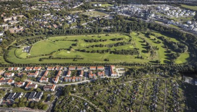 Aerial view, golf course golf club Schloss Horst in the district Horst in Gelsenkirchen, Ruhr area,