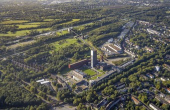 Aerial view, Hercules of Gelsenkirchen sculpture in the Nordstern industrial park on the winding