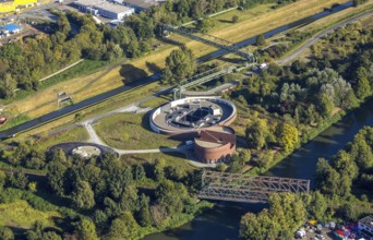 Aerial view, New pumping station building of the Emschergenossenschaft near the Sutumer Brücken on