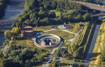 Aerial view, New pumping station building of the Emschergenossenschaft near the Sutumer Brücken on