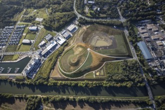 Aerial view, construction site harbour quarter Graf Bismarck at the Rhine-Herne-Canal in the
