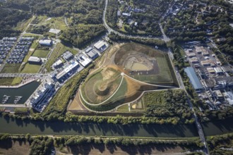 Aerial view, construction site harbour quarter Graf Bismarck at the Rhine-Herne-Canal in the