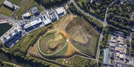 Aerial view, construction site harbour quarter Graf Bismarck at the Rhine-Herne-Canal in the