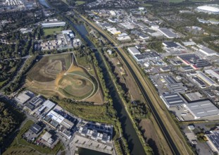 Aerial view, construction site harbour quarter Graf Bismarck at the Rhine-Herne-Canal in the