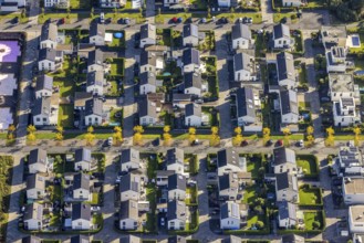 Aerial view, terraced house housing estate at Graf Bismarck harbour in the Bismarck district of