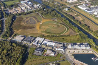 Aerial view, construction site harbour quarter Graf Bismarck at the Rhine-Herne-Canal in the