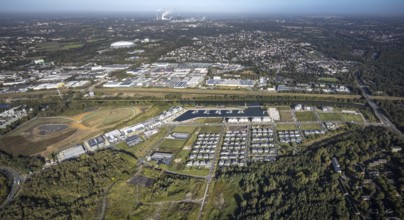 Aerial view, terraced house housing estate at Graf Bismarck harbour in the Bismarck district of