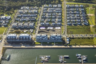 Aerial view, terraced house housing estate at Graf Bismarck harbour in the Bismarck district of
