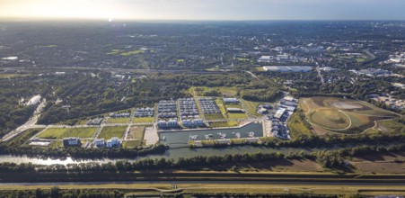 Aerial view, Graf Bismarck harbour with Stölting Marina and terraced house housing estate as well