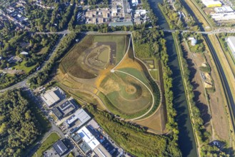 Aerial view, construction site harbour quarter Graf Bismarck at the Rhine-Herne-Canal in the