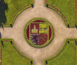 Aerial view, moated castle Schloss Berge green areas and city coat of arms of Gelsenkirchen in the