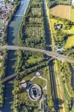 Aerial view, New pumping station building of the Emschergenossenschaft near the Sutumer Brücken on