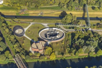 Aerial view, New pumping station building of the Emschergenossenschaft near the Sutumer Brücken on