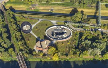 Aerial view, New pumping station building of the Emschergenossenschaft near the Sutumer Brücken on