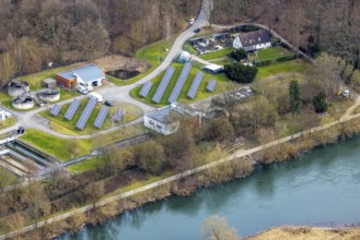 Aerial view, river Ruhr, Ruhr wastewater treatment plant, solar plant, Kettwig, Essen, Ruhr area,