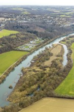 Aerial view, River Ruhr, Lower Kettwiger Ruhraue, Ruhrverabnd sewage treatment plant, Kettwig,