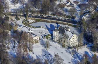 Aerial view, Borbeck Castle in winter landscape, Borbeck-Mitte, Essen, Ruhr area, North