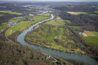 Aerial view, nature reserve Am Ruhruferstreifen am Golfplatz Oefte, river Ruhr, Essen-Heidhausen,
