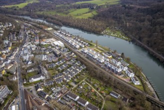 Aerial view, Ruhrbogen Kettwig, residential area at the Kettwiger Ruhrbogen, river Ruhr, camping
