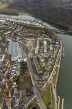 Aerial view, Ruhrbogen Kettwig, residential area at Kettwiger Ruhrbogen, river Ruhr with railway