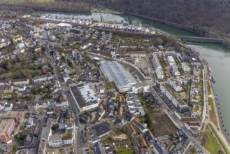 Aerial view, Ruhrbogen Kettwig, residential area at Kettwiger Ruhrbogen, river Ruhr with railway