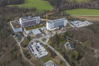 Aerial view, Ruhrlandklinik with construction site, Essen-Heidhausen, Essen, Ruhr area, North