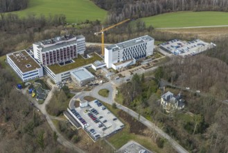 Aerial view, Ruhrlandklinik with construction site, Essen-Heidhausen, Essen, Ruhr area, North