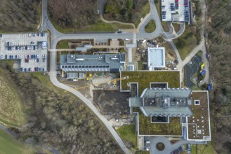 Aerial view, Ruhrlandklinik with construction site, Essen-Heidhausen, Essen, Ruhr area, North