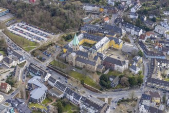 Aerial view, catholic church basilica St. Ludgerus, Werden, Essen, Ruhr area, North
