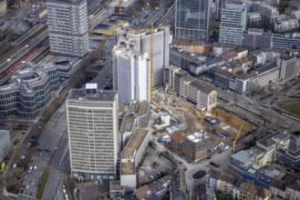 Aerial view, demolition of the Ypsilon-Haus of the RWE headquarters Essen in Huyssenallee, planned