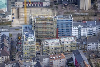 Aerial view, Huyssenallee, construction site, new building complex with residential tower and