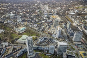 Aerial view, demolition of the Ypsilon-Haus of the RWE headquarters Essen in Huyssenallee, planned