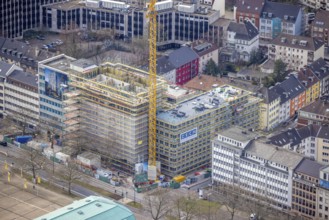 Aerial view, construction site, new building complex with residential tower and senior citizens'