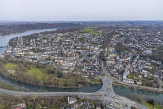 Aerial view, Brehminsel and Ruhr bridge over the river Ruhr, Werden, Essen, Ruhr area, North