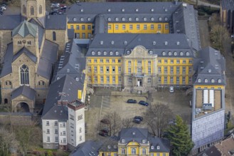 Aerial view, catholic church basilica St. Ludgerus, Werden, Essen, Ruhr area, North