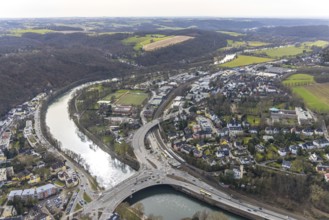 Aerial view, park and sports field in Löwental, Ruhrtalstraße with Ruhr bridge over the river Ruhr,
