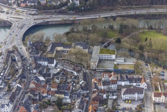 Aerial view, park and sports field in Löwental, Ruhrtalstraße with Ruhr bridge over the river Ruhr,