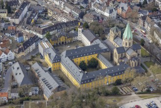 Aerial view, catholic church basilica St. Ludgerus, Werden, Essen, Ruhr area, North
