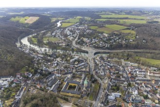 Aerial view, park and sports field in Löwental, Ruhrtalstraße with Ruhr bridge over the river Ruhr,