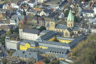 Aerial view, catholic church basilica St. Ludgerus, Werden, Essen, Ruhr area, North