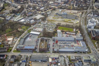 Aerial view, construction site at Ruhrbahn depot city centre, volunteer fire brigade Essen-Mitte,