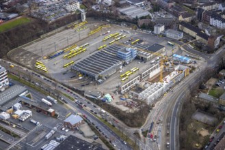 Aerial view, construction site, new hall construction Ruhrbahn depot, Ostviertel, Essen, Ruhr area,