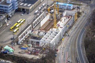Aerial view, construction site, new hall construction Ruhrbahn depot, Ostviertel, Essen, Ruhr area,