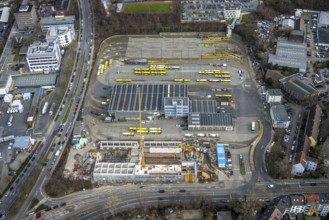 Aerial view, construction site, new hall construction Ruhrbahn depot, Ostviertel, Essen, Ruhr area,