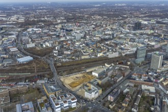 Aerial view, construction area for new literature quarter, demolition work former newspaper
