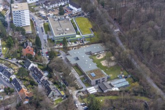 Aerial view, company day care centre UK Essen Am Mühlenbach, West German Proton Therapy Centre