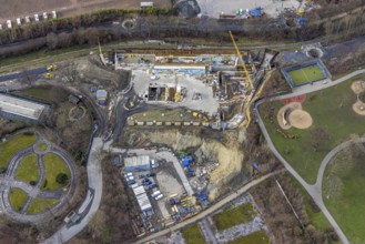 Aerial view, construction site in Nordpark, Nordviertel, Essen, Ruhr area, North Rhine-Westphalia,