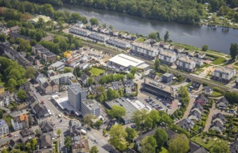 Aerial view, shopping centre high-rise city, joint and sports clinic Rhine/Ruhr, housing estate Am